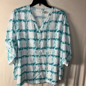Riders by Lee Effortless Care Button Down Shirt Teal And White 1X